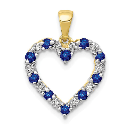10K Yellow Gold Real Diamond and Sapphire Heart Pendant