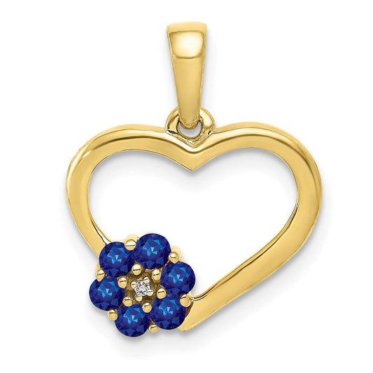 10K Yellow Gold Real Diamond and Sapphire Heart w/ Flower Pendant