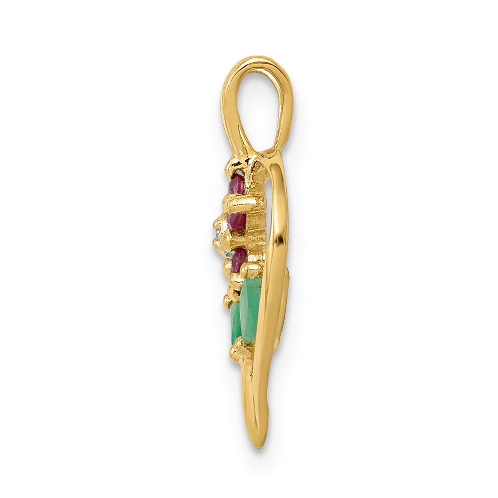 14K Yellow Gold Siam Ruby/Emerald/Real Diamond Flower in Heart Pendant