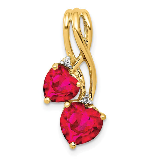 Solid 14k Yellow Gold Simulated Lab Created Ruby and CZ Double Heart Pendant
