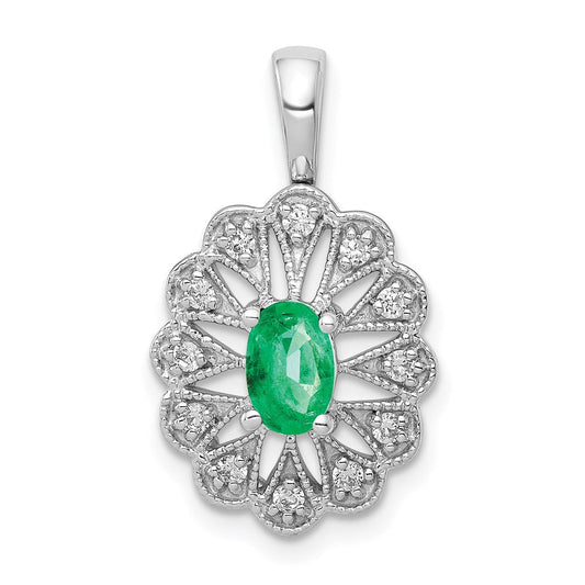 14k White Gold Fancy Real Diamond and Oval Emerald Pendant