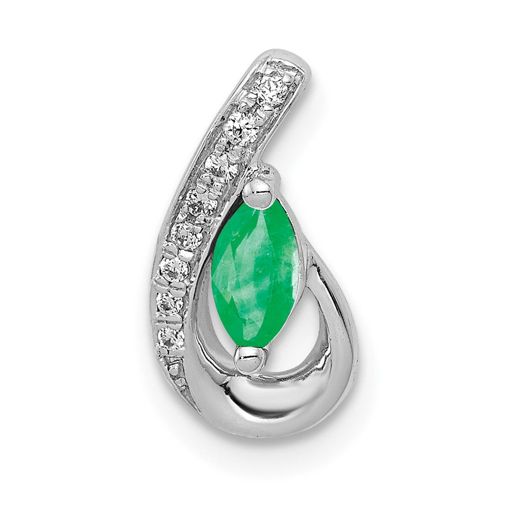 Solid 14k White Gold Teardrop Simulated CZ and Emerald Pendant