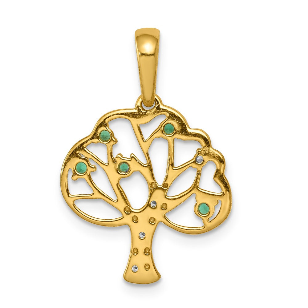 Solid 14k Yellow Gold Created Simulated Emerald and CZ Polished Tree Pendant