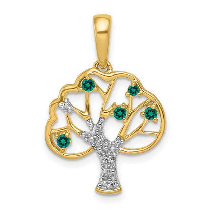 Solid 14k Yellow Gold Created Simulated Emerald and CZ Polished Tree Pendant