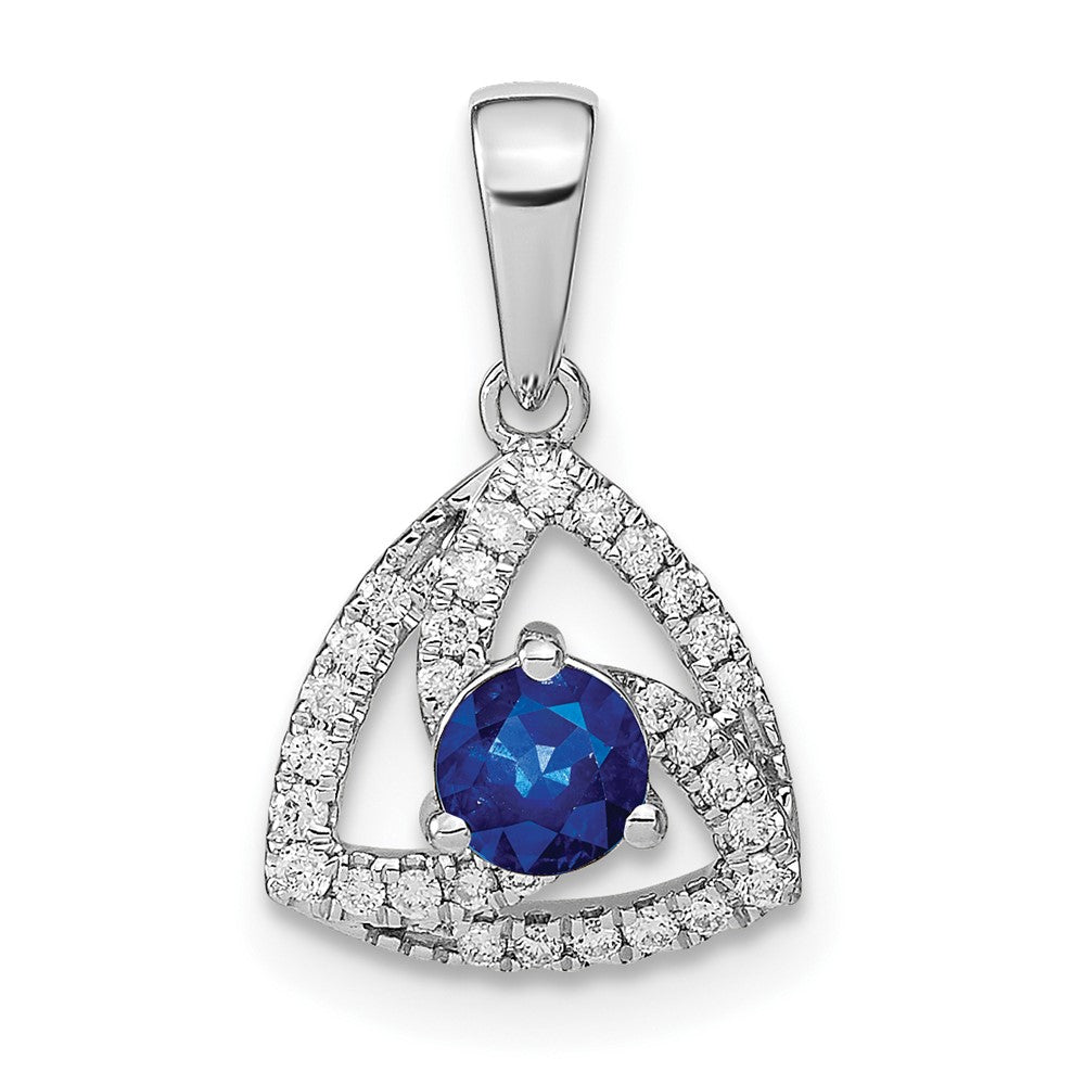 14k White Gold Real Diamond and Blue Sapphire Triangle Pendant