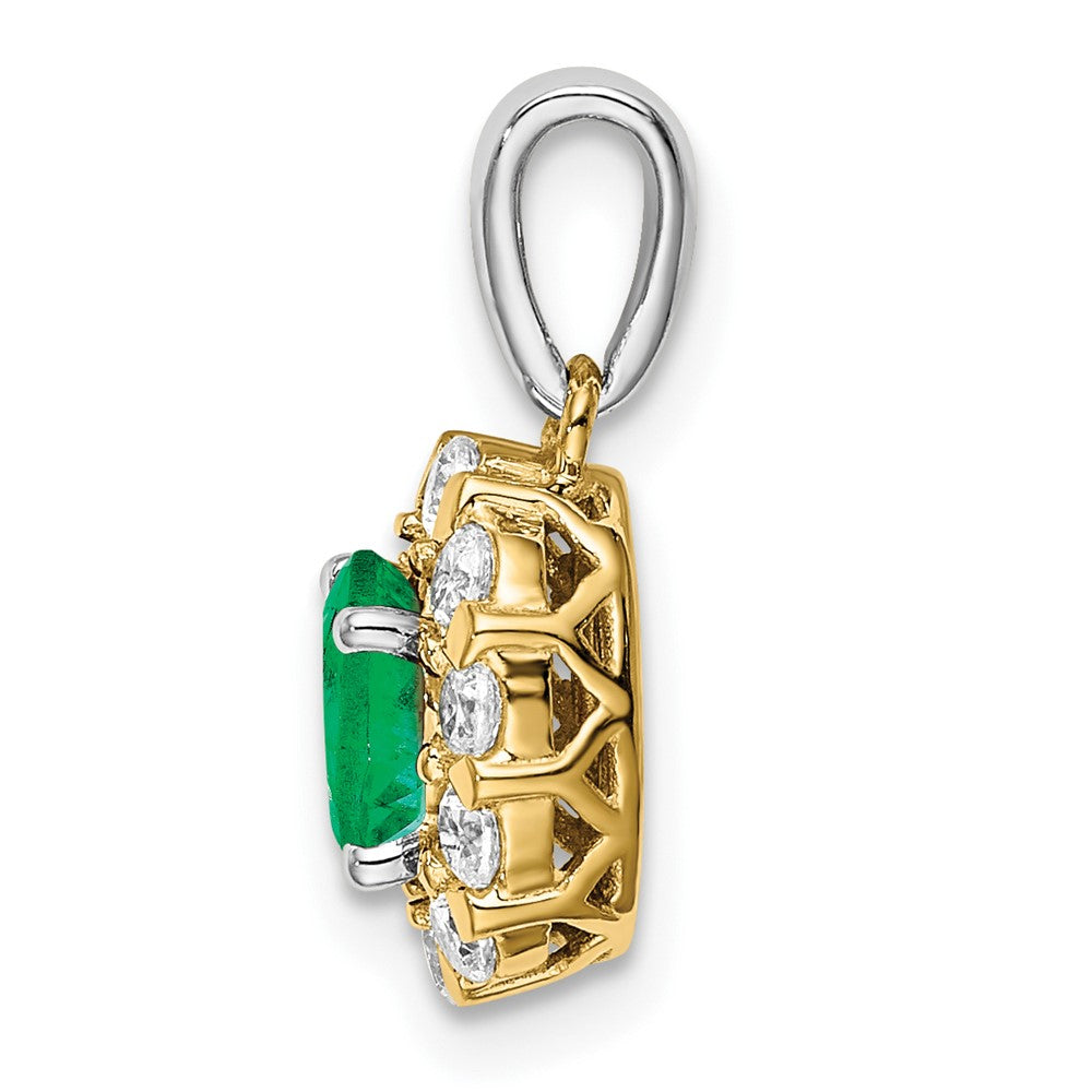 Solid 14k Two-tone Oval Simulated Emerald and CZ Halo Pendant