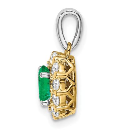Solid 14k Two-tone Oval Simulated Emerald and CZ Halo Pendant