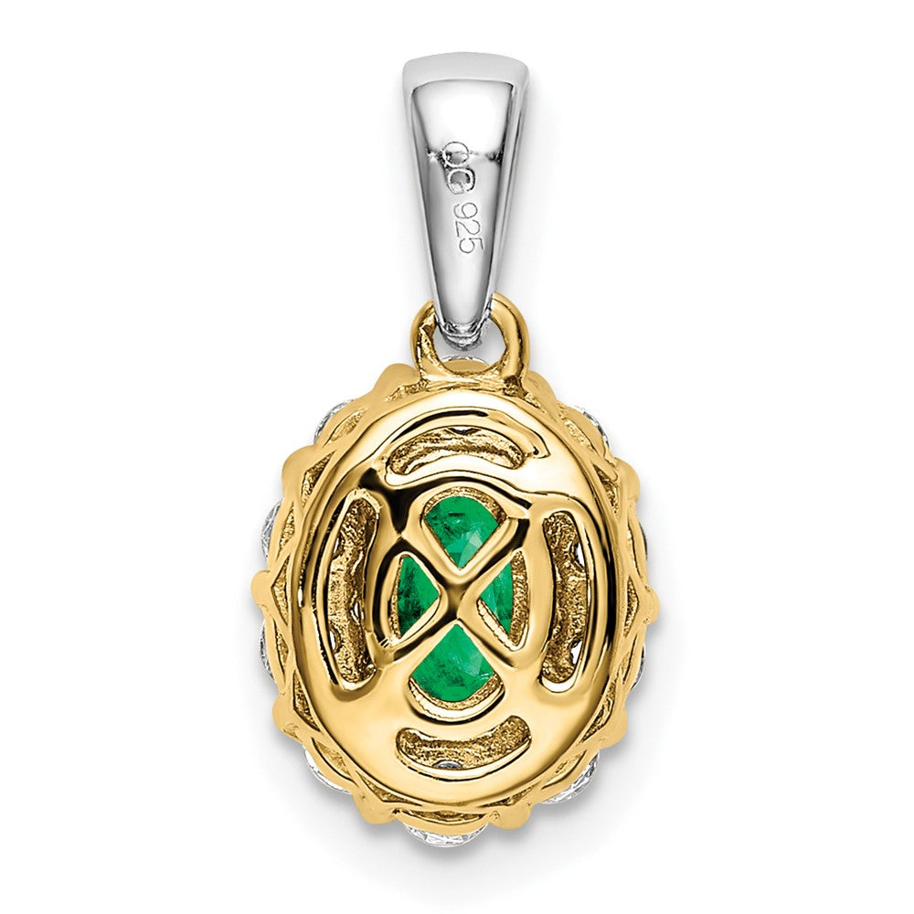 Solid 14k Two-tone Oval Simulated Emerald and CZ Halo Pendant