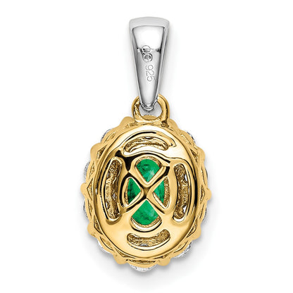 Solid 14k Two-tone Oval Simulated Emerald and CZ Halo Pendant