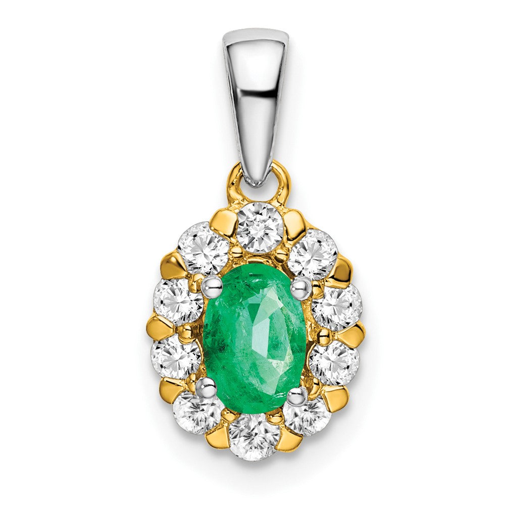 Solid 14k Two-tone Oval Simulated Emerald and CZ Halo Pendant