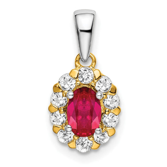 14k Two-Tone Gold Oval Ruby and Real Diamond Halo Pendant