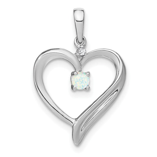 Solid 14k White Gold Created Simulated Opal and CZ Heart Pendant