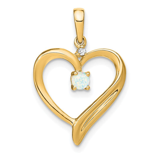 Solid 14k Yellow Gold Created Simulated Opal and CZ Heart Pendant