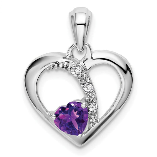 14k White Gold Amethyst and Real Diamond Heart Pendant