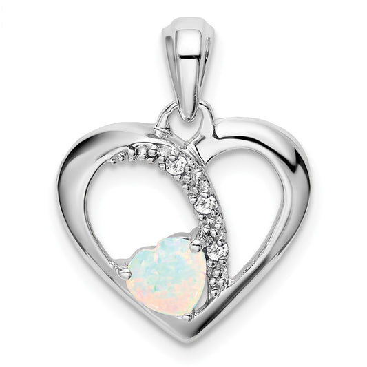 Solid 14k White Gold Created Simulated Opal and CZ Heart Pendant