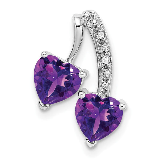 14k White Gold Amethyst and Real Diamond 2-Heart Pendant