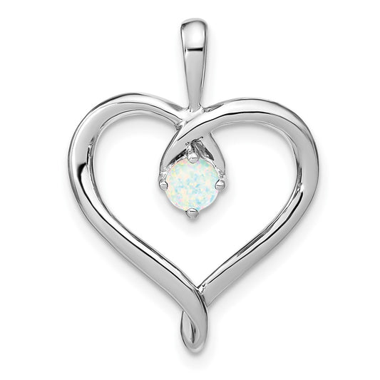 Solid 14k White Gold Created Simulated Opal Heart Pendant