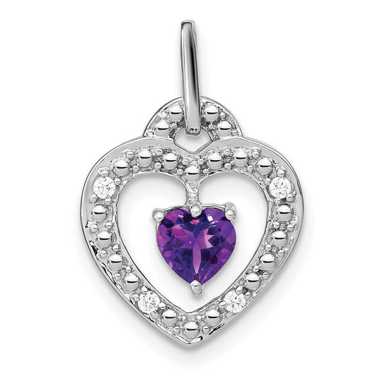 14k White Gold Amethyst and Real Diamond Heart Pendant