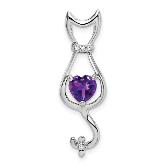 14k White Gold Amethyst and Real Diamond Cat Pendant