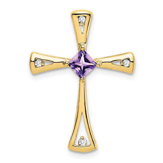 10K Yellow Gold Amethyst and Real Diamond Cross Pendant