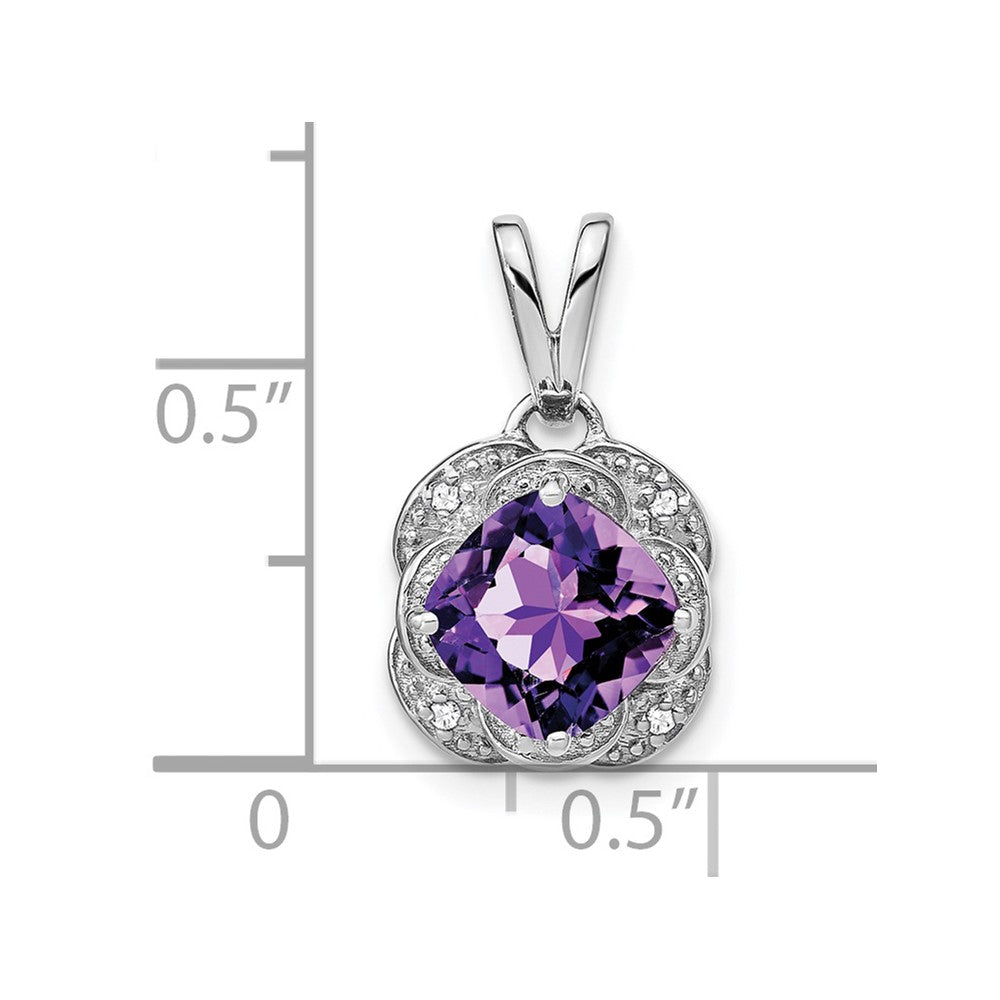 14k White Gold Cushion Amethyst and Real Diamond Pendant