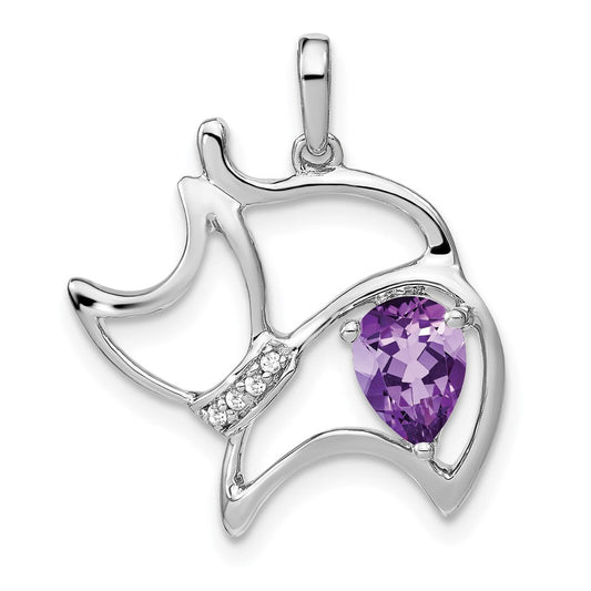 14k White Gold Amethyst and Real Diamond Cat Pendant