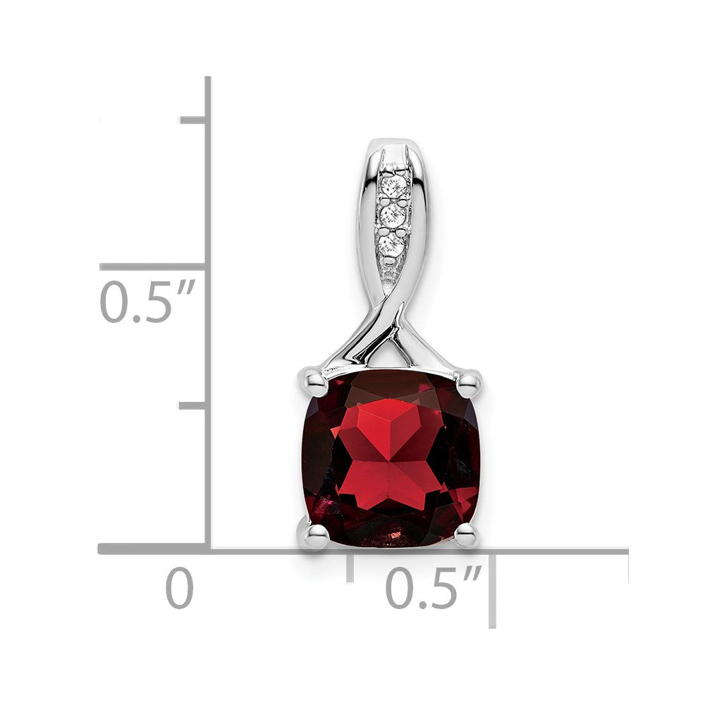 14k White Gold Cushion Garnet and Real Diamond Pendant