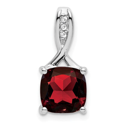 14k White Gold Cushion Garnet and Real Diamond Pendant