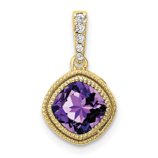 10K Yellow Gold Cushion Amethyst and Real Diamond Pendant