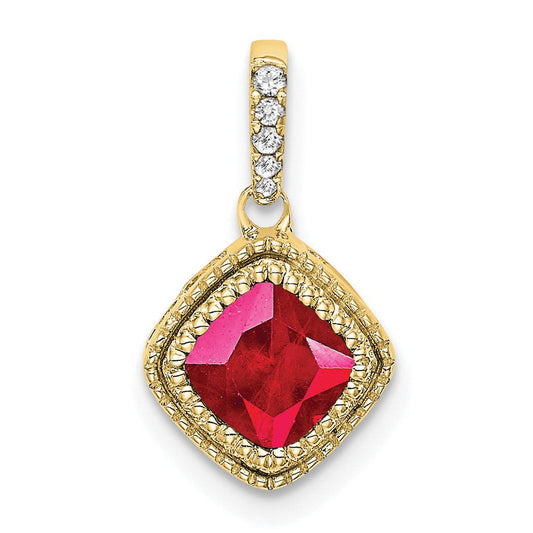 10K Yellow Gold Cushion Ruby and Real Diamond Pendant