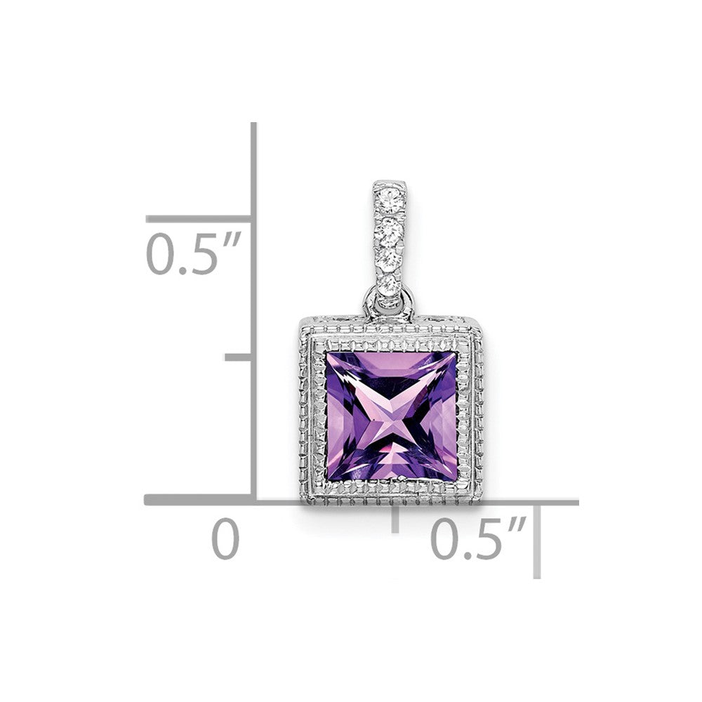 14k White Gold Square Amethyst and Real Diamond Pendant