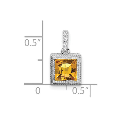 14k White Gold Square Citrine and Real Diamond Pendant