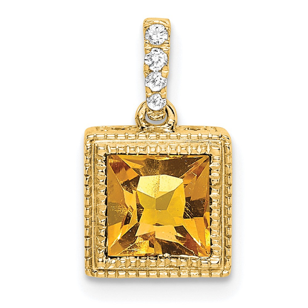 14K Yellow Gold Square Citrine and Real Diamond Pendant