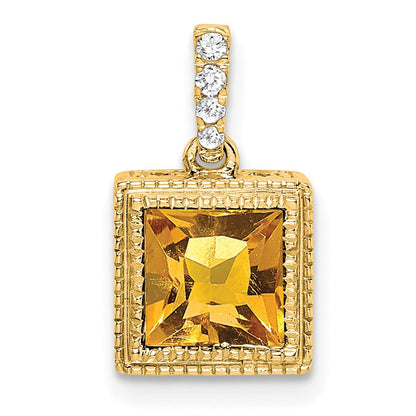 14K Yellow Gold Square Citrine and Real Diamond Pendant