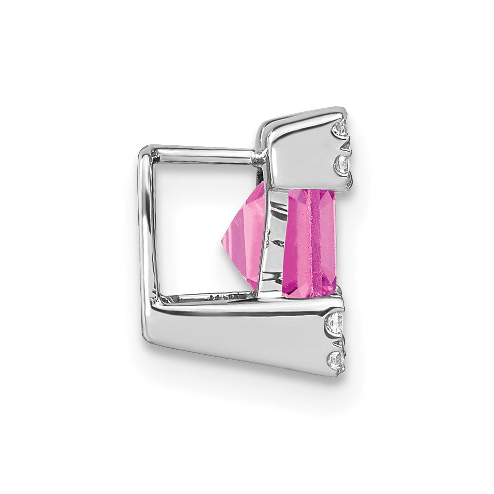 14k White Gold Square Created Pink Sapphire/Real Diamond Chain Slide