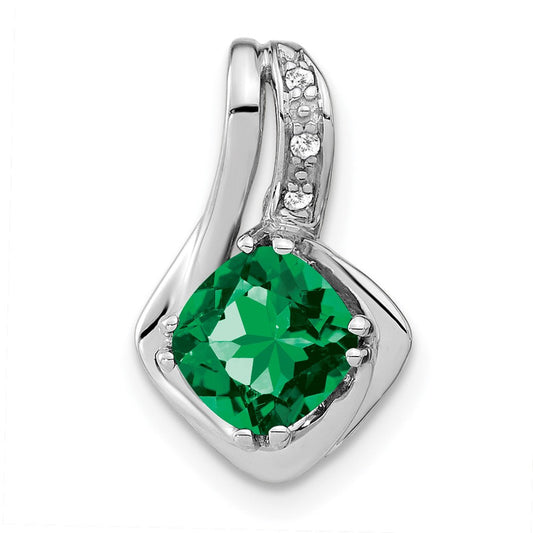 14k White Gold Created Emerald and Real Diamond Pendant