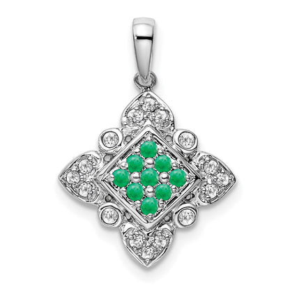 14k White Gold Emerald and Real Diamond Vintage Pendant