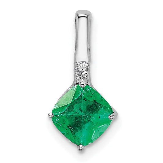 14k White Gold Cushion Emerald and Real Diamond Pendant
