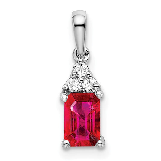 14k White Gold Emerald-shape Ruby and Real Diamond Pendant