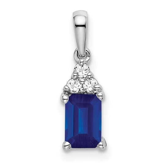 14k White Gold Emerald-shape Sapphire and Real Diamond Pendant