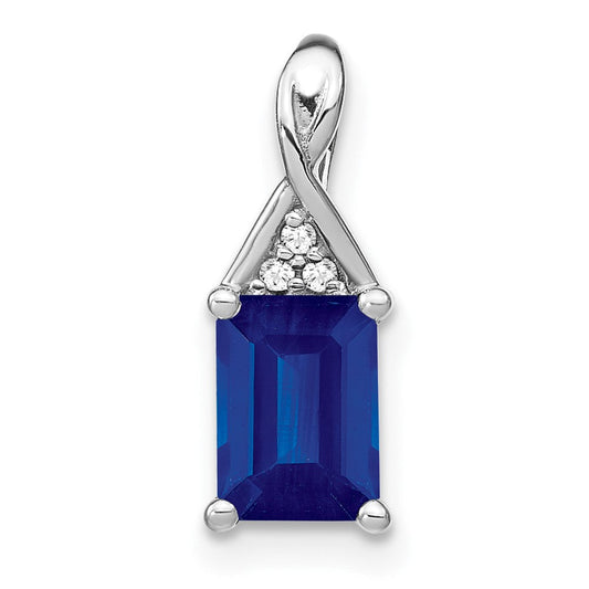 14k White Gold Emerald-shape Sapphire and Real Diamond Pendant