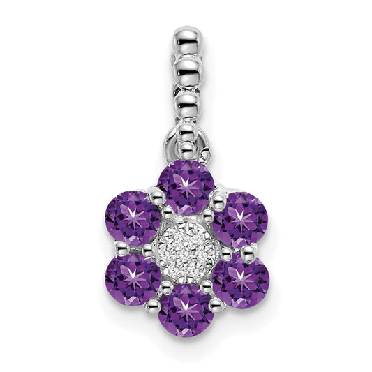 14k White Gold Amethyst and Real Diamond Floral Pendant