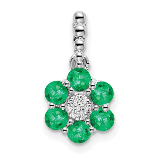 14k White Gold Emerald and Real Diamond Floral Pendant