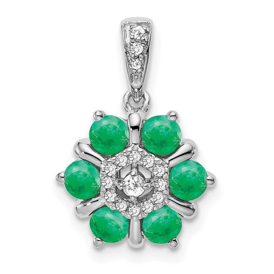 14k White Gold Emerald and Real Diamond Floral Pendant