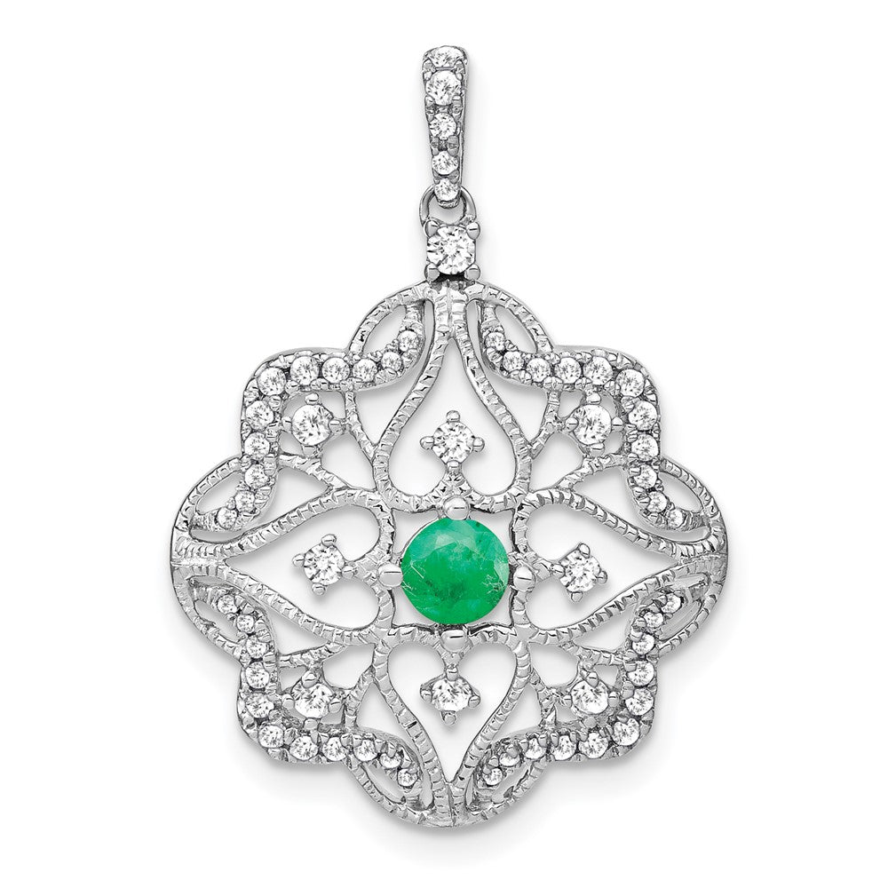 14k White Gold Emerald and Real Diamond Pendant