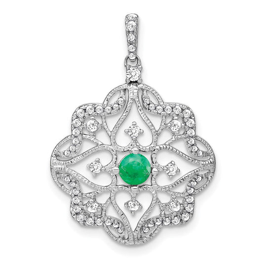 14k White Gold Emerald and Real Diamond Pendant