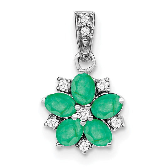 14k White Gold Emerald and Real Diamond Floral Pendant