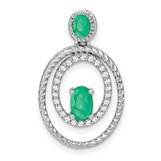 14k White Gold Emerald and Real Diamond Oval Pendant