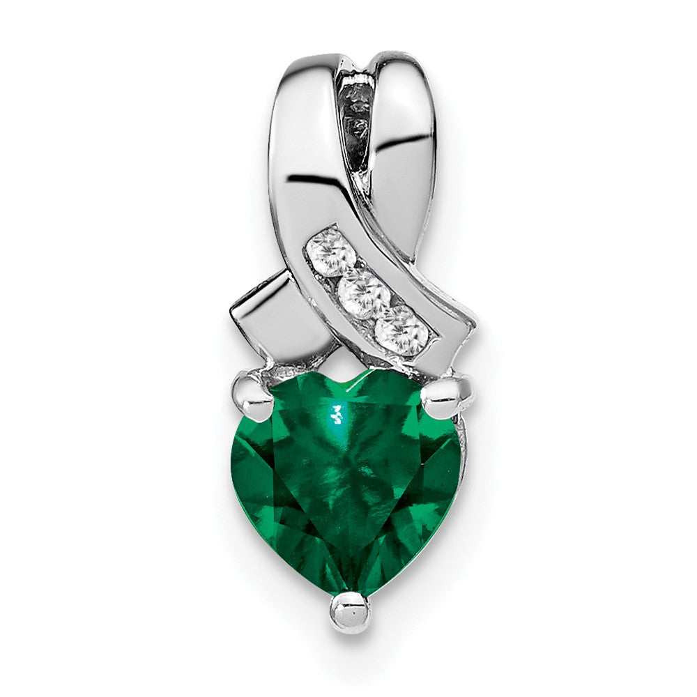Sterling Silver Created Emerald and Real Diamond Pendant