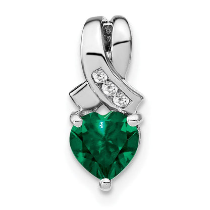 Sterling Silver Created Emerald and Real Diamond Pendant